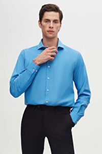 Ds Damat Slim Fit Mavi İtalyan Yaka Dar Kesim Klasik Kravatlık  Uzun Kollu Kolay Ütülenebilir Nefes 