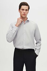 Ds Damat Slim Fit Gri İtalyan Yaka Dar Kesim Klasik Kravatlık  Uzun Kollu Kolay Ütülenebilir Nefes A
