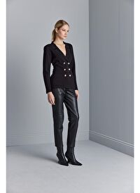 Gold Düğmeli Kruvaze Siyah Triko Blazer Ceket