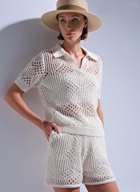 Ajurlu Polo Yaka Ekru Bluz ve Crop Top