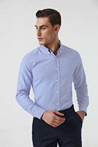 Ds Damat Slim Fit Mavi Armürlü Düğmeli Yaka Pamuklu Gömlek