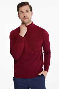 Bordo Regular Fit Düz Yarım Balıkçı Yaka Triko Kazak
