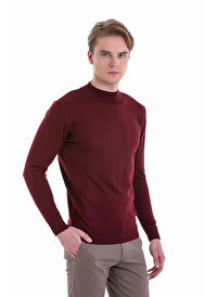 Bordo Comfort Fit Düz Yarım Balıkçı Yaka Yünlü Kazak