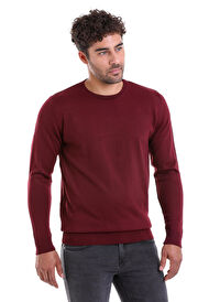 Bordo Comfort Fit Düz Bisiklet Yaka Yünlü Kazak