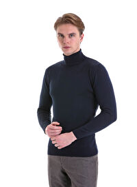 Lacivert Comfort Fit Düz Bisiklet Yaka Yünlü Triko Kazak