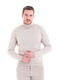 Bej Comfort Fit Düz Bisiklet Yaka Yünlü Triko Kazak