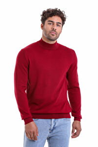 Bordo Regular Fit Düz 100% Pamuk Yarım Balıkçı Yaka Triko Kazak