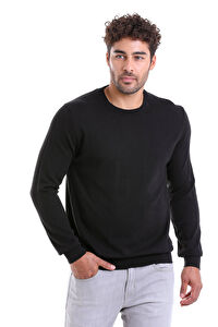 Siyah Regular Fit Bisiklet Yaka 100% Pamuklu Triko Kazak