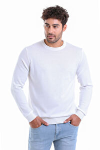 Ekru Regular Fit Bisiklet Yaka 100% Pamuklu Triko Kazak