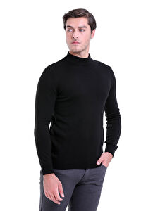 Siyah Regular Fit Düz Yarım Balıkçı Yaka Triko Kazak