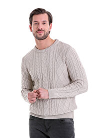 Bej Comfort Fit Jakarlı Pamuklu Bisiklet Yaka Triko Kazak