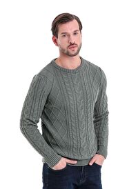 Yeşil Comfort Fit Jakarlı Pamuklu Bisiklet Yaka Triko Kazak