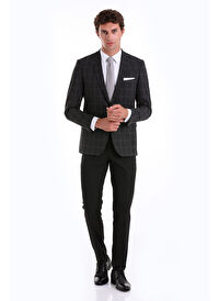 Antrasit Slim Fit Kareli Mono Yaka Casual Takım Elbise