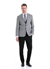 Gri Comfort Fit Kareli Sivri Yaka Casual Yelekli Takım Elbise