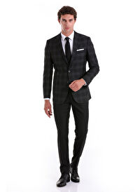 Siyah Slim Fit Kareli Mono Yaka Casual Takım Elbise