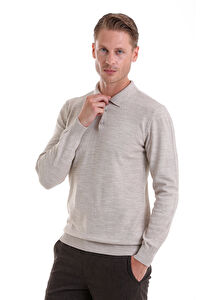 Bej Regular Fit Düz Polo Yaka Triko Kazak