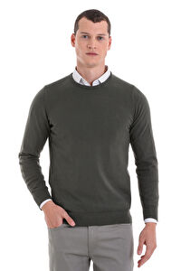 Haki Regular Fit Bisiklet Yaka 100% Pamuklu Triko Kazak