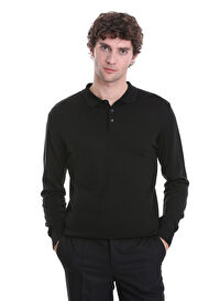 Siyah Regular Fit Düz Polo Yaka Triko Kazak
