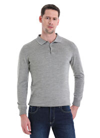 Gri Regular Fit Düz Polo Yaka Triko Kazak