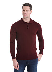 Bordo Regular Fit Düz Polo Yaka Triko Kazak