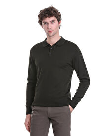 Haki Regular Fit Düz Polo Yaka Triko Kazak