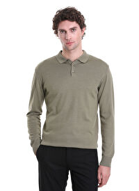 Yeşil Regular Fit Düz Polo Yaka Triko Kazak