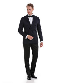 Lacivert Slim Fit Düz Sivri Yaka Klasik Kruvaze Smokin Damatlık