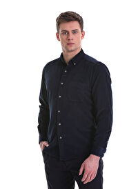 Lacivert Slim Fit 100% Pamuklu Düğmeli Yaka Uzun Kollu Klasik Gömlek