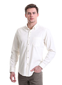 Bej Slim Fit 100% Pamuklu Düğmeli Yaka Uzun Kollu Klasik Gömlek