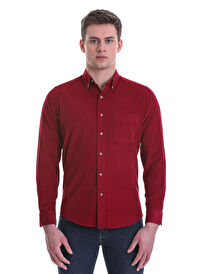 Bordo Slim Fit 100% Pamuklu Düğmeli Yaka Uzun Kollu Klasik Gömlek