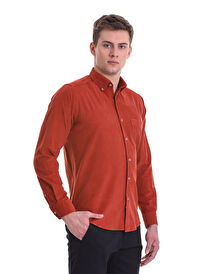 Kiremit Slim Fit 100% Pamuklu Düğmeli Yaka Uzun Kollu Klasik Gömlek
