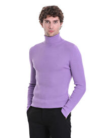 Lila Slim Fit Fitilli Balıkçı Yaka Yünlü Triko Kazak