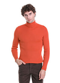 Turuncu Slim Fit Fitilli Balıkçı Yaka Yünlü Triko Kazak