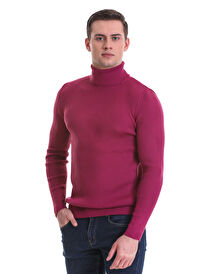 Fuşya Slim Fit Fitilli Balıkçı Yaka Yünlü Triko Kazak