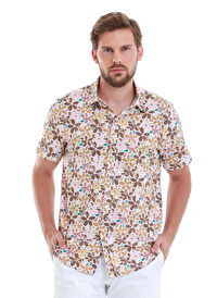 Kahverengi Comfort Fit Baskılı 100% Pamuk Slim Yaka Kısa Kollu Gömlek