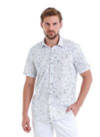 Lacivert Comfort Fit Baskılı 100% Pamuk Slim Yaka Kısa Kollu Gömlek