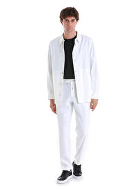 Beyaz Regular Fit Düz Mono Yaka Keten Overshirt Spor Takım