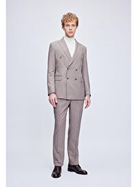 Kahverengi Slim Fit Çizgili Kruvaze Klasik Takım Elbise