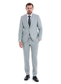 Gri Slim Fit Çizgili Sivri Yaka Klasik Takım Elbise