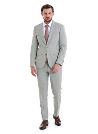 Bej Slim Fit Çizgili Sivri Yaka Klasik Takım Elbise