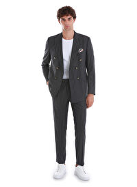 Kahverengi Slim Fit Çizgili Kruvaze Takım Elbise