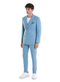 Mavi Slim Fit Çizgili Kruvaze Takım Elbise