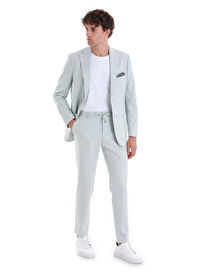 Mavi Slim Fit Düz Mono Yaka Keten Takım Elbise