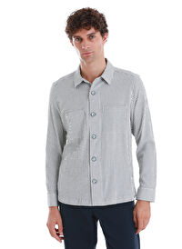 Lacivert Klasik Fit Çizgili Uzun Kollu Overshirt Gömlek