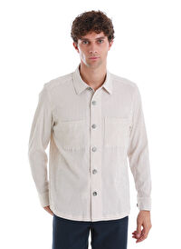 Bej Klasik Fit Çizgili Uzun Kollu Overshirt Gömlek