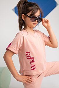 Kız Çocuk Go Play Baskılı Kolları Katlamalı Pudra T-Shirt (4-12yaş)