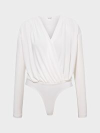 V Yakalı Büzgülü Uzun Kollu Body - Ekru