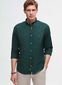 Ds Damat Slim Fit Yeşil Oxford Düğmeli Yaka Kolay Ütülenebilir Nakış Detaylı Pamuklu Gömlek
