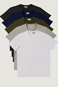 Erkek Beyaz-Siyah-Gri Melanj-Lacivert-Haki Slim Fit Dar Kesim Bisiklet Yaka 5'li Tişört Paketi