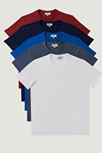 Erkek Beyaz-Saks-İndigo Melanj-Lacivert-Bordo Slim Fit Dar Kesim Bisiklet Yaka 5'li Tişört Paketi
